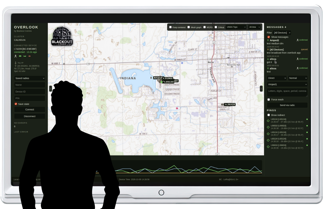 Blackout Comms Overlook on a large wall-mounted monitor, showing the cluster map, messages, and pings.
