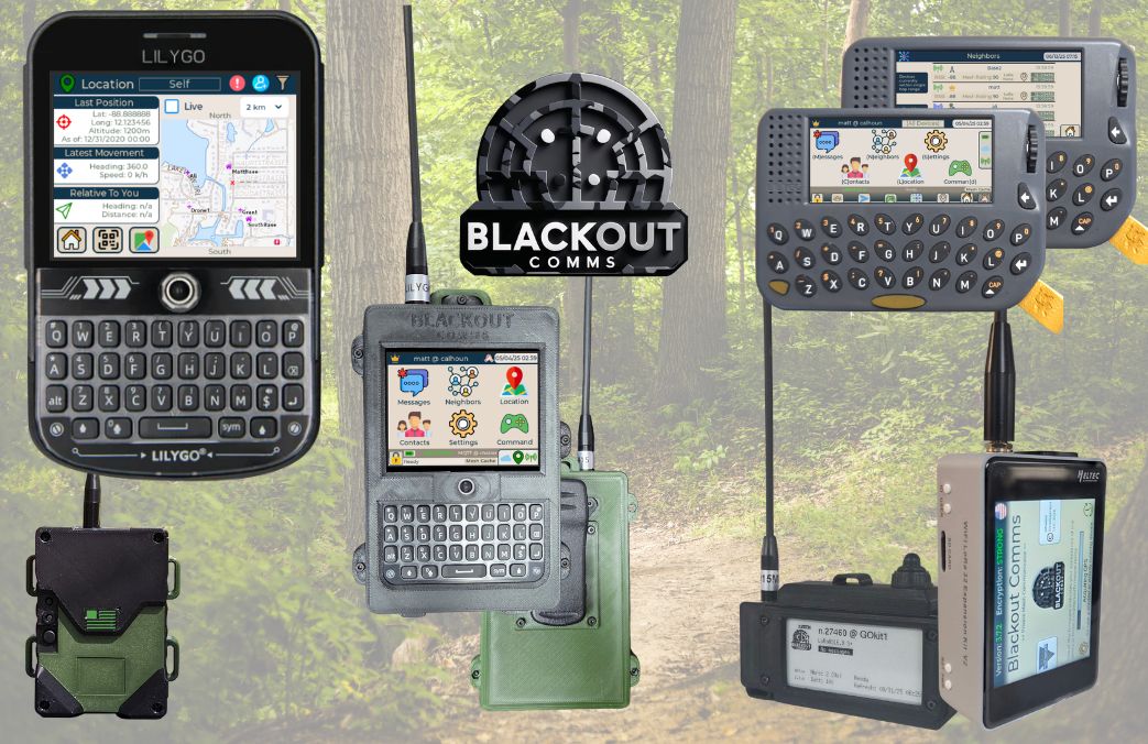 LilyGO T-Deck, Pager, Heltec v4, and others running Blackout Comms off-grid mesh firmware.