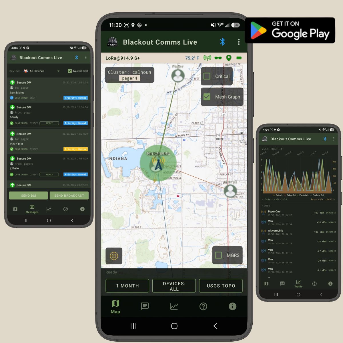 Blackout Comms Live on Android: messages, cluster map, and mesh traffic.
